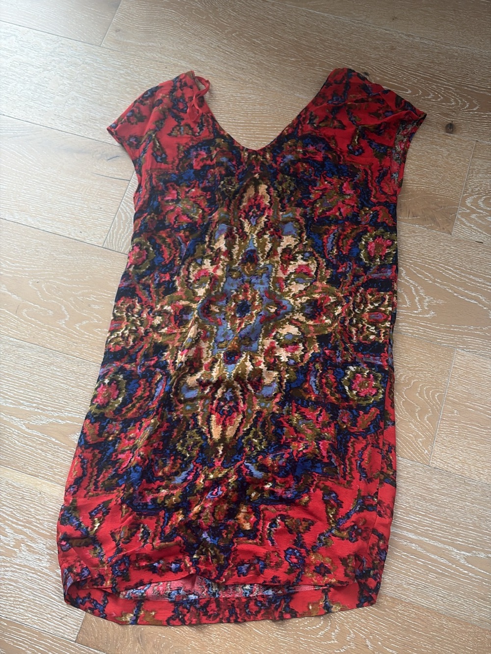 Anthropologie Red Multicolor Patterned Velvet-Textured Shift Dress